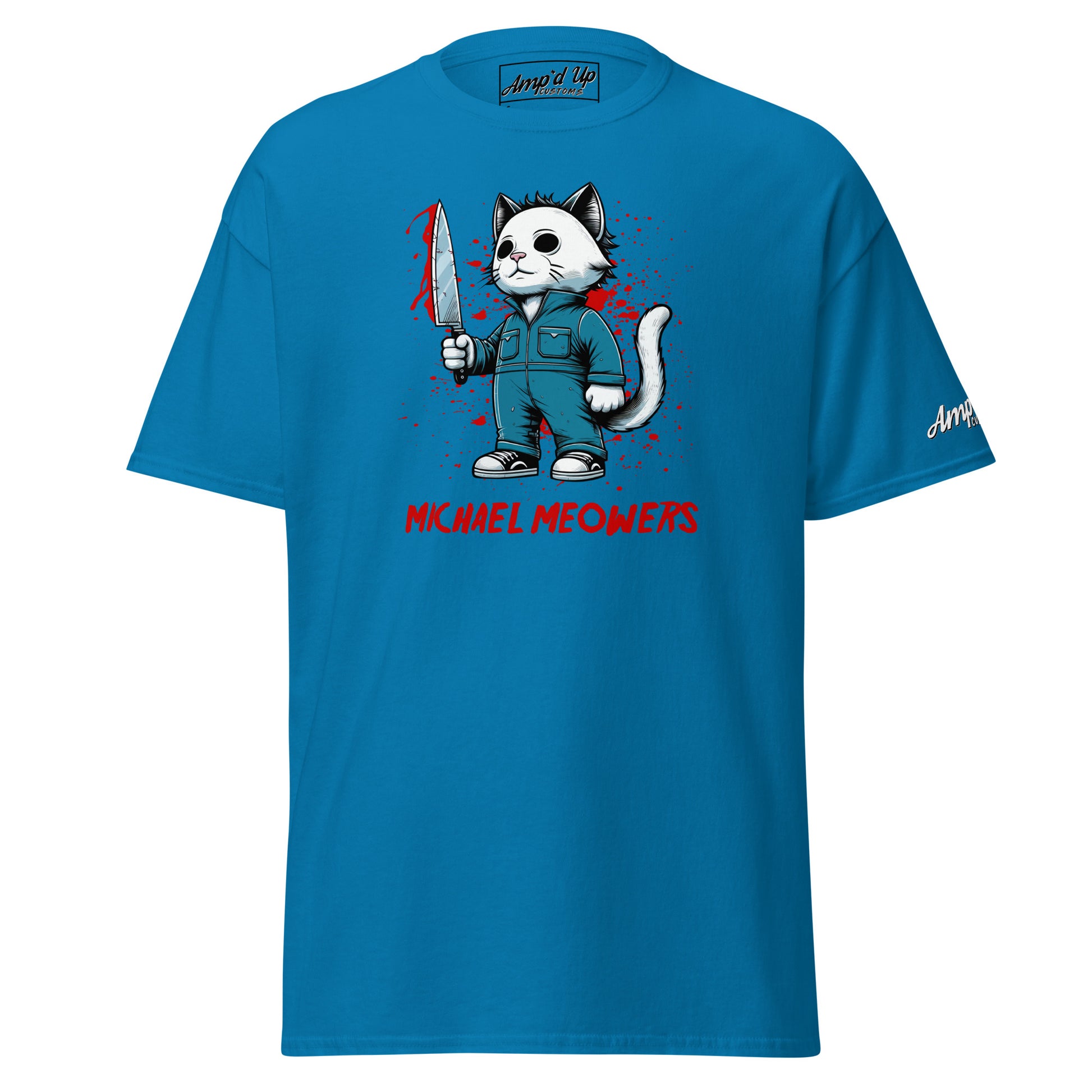 Amp'd Up Custom blue Michael Meowers T-Shirt with cartoon cat holding a bloodied knife graphic