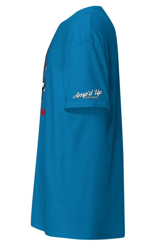 Blue Michael Meowers T-Shirt by Amp'd Up Custom with logo on sleeve and side view