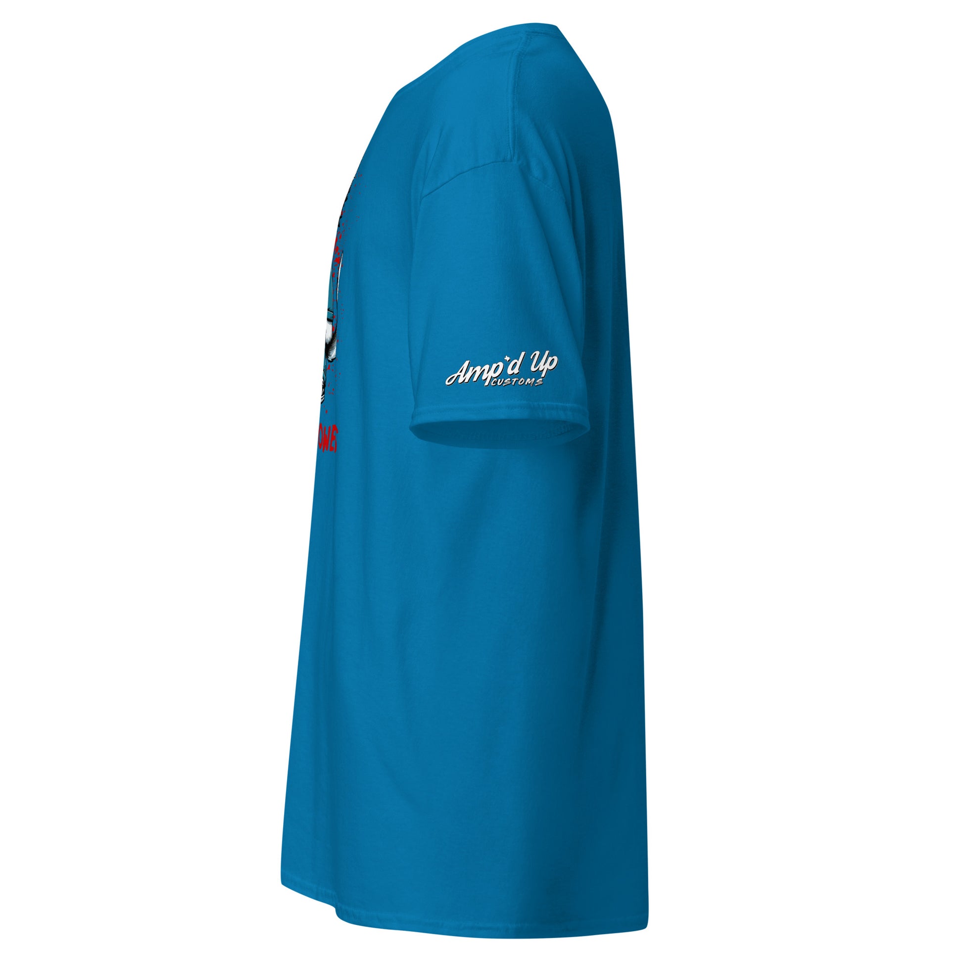 Blue Michael Meowers T-Shirt by Amp'd Up Custom with logo on sleeve and side view