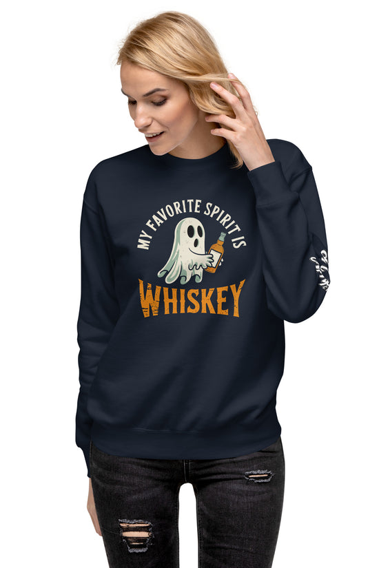 Ampd Up Custom navy sweatshirt with ghost holding whiskey glass and text My Favorite Spirit Is Whiskey Sweatshirt