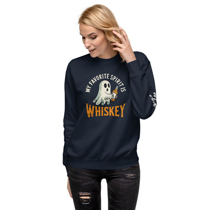 Ampd Up Custom navy sweatshirt with ghost holding whiskey glass and text My Favorite Spirit Is Whiskey Sweatshirt