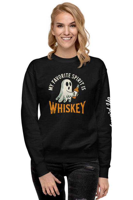 Ampd Up Custom My Favorite Spirit Is Whiskey Sweatshirt black crewneck with ghost holding whiskey glass