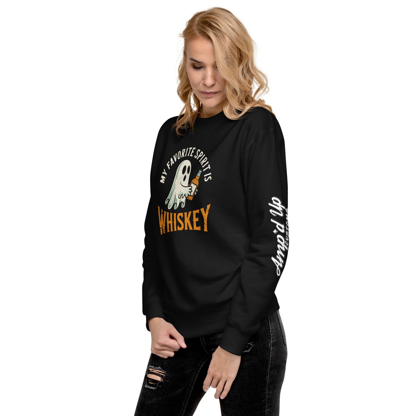 My Favorite Spirit Is Whiskey Sweatshirt. black women's crewneck from Amp'd Up Custom with ghost holding whiskey glass
