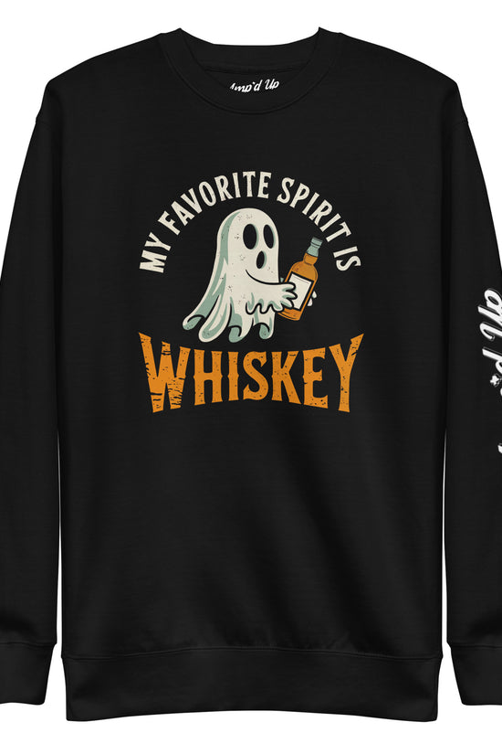 My Favorite Spirit Is Whiskey Sweatshirt black crewneck with ghost holding whiskey bottle and sleeve logo