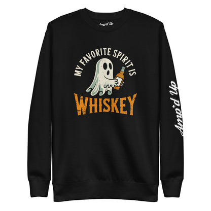 My Favorite Spirit Is Whiskey Sweatshirt black crewneck with ghost holding whiskey bottle and sleeve logo