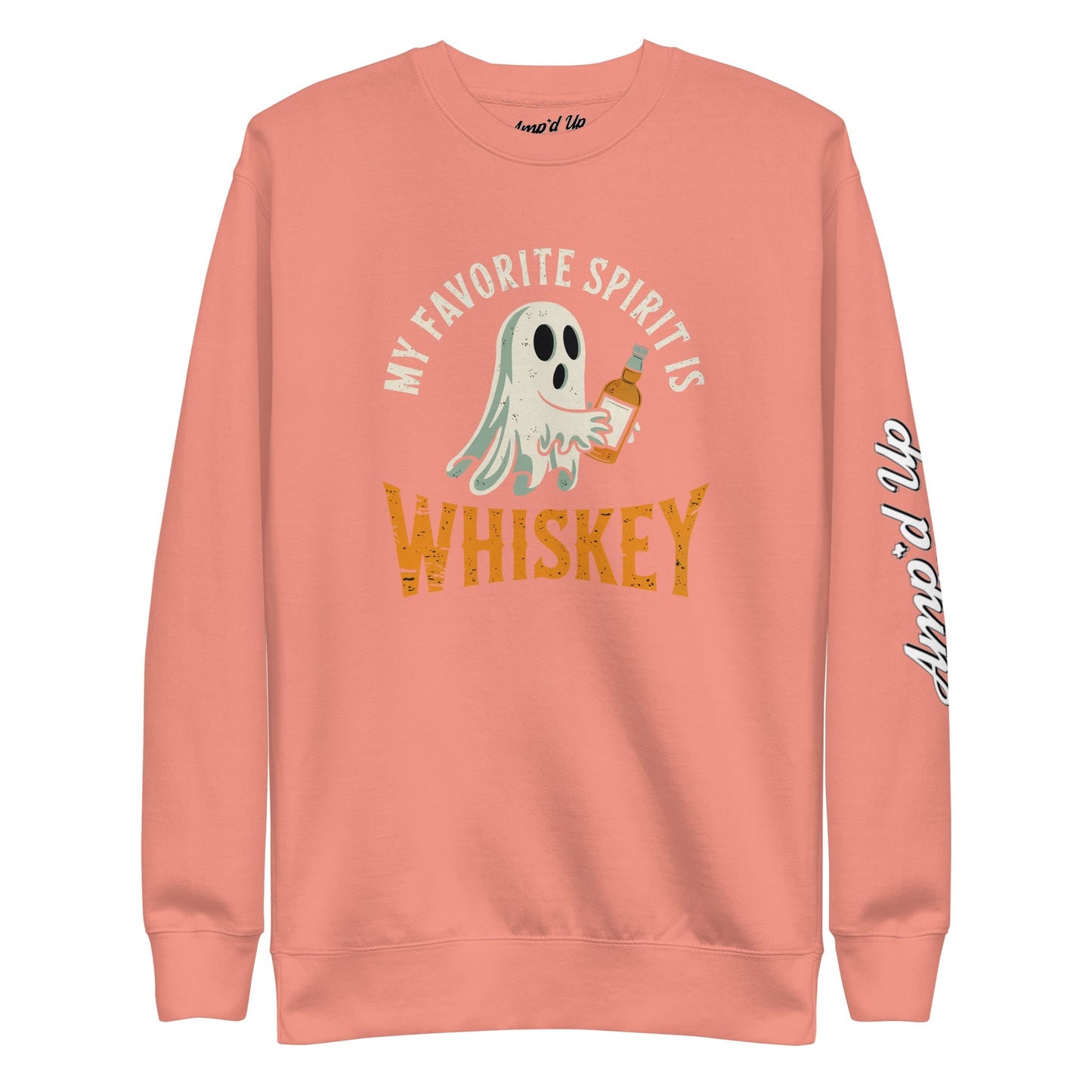 My Favorite Spirit Is Whiskey Sweatshirt. Coral crewneck with ghost holding whiskey bottle graphic and sleeve script