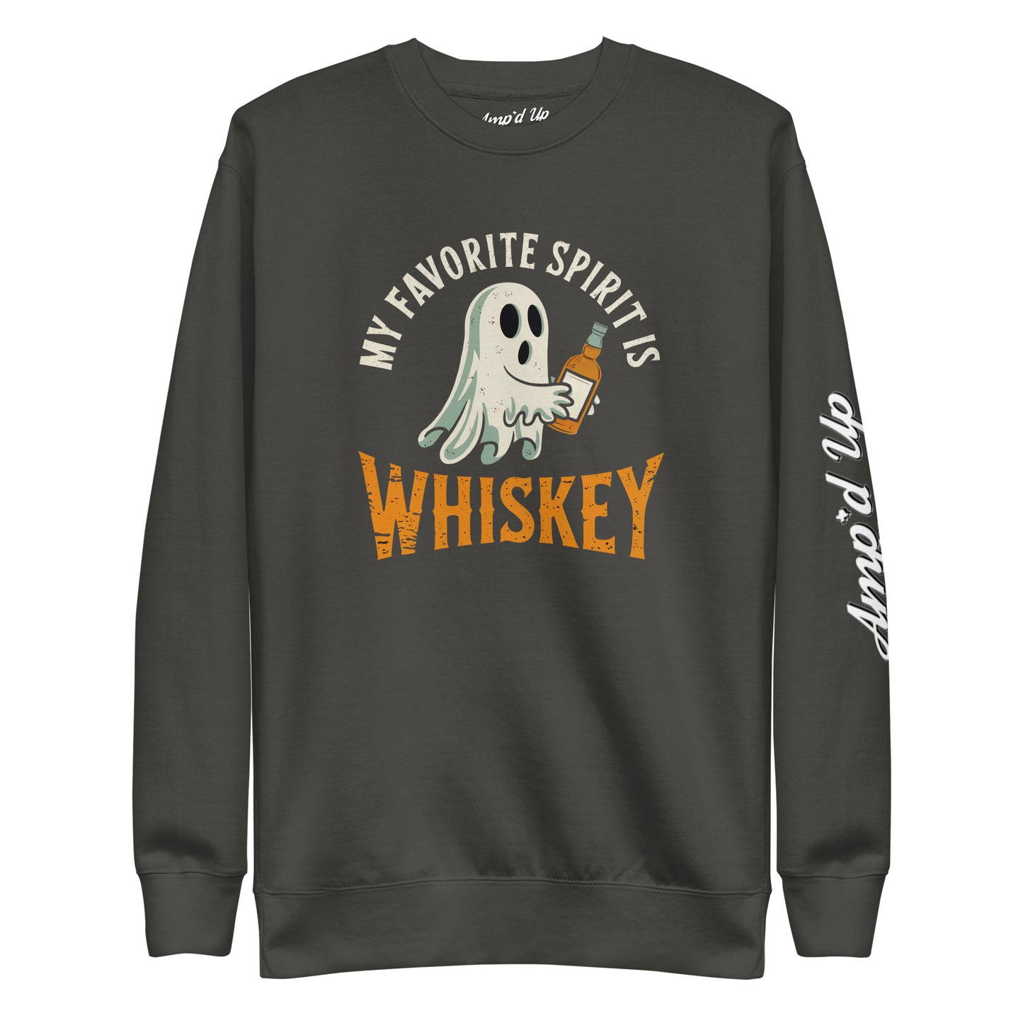 My Favorite Spirit Is Whiskey Sweatshirt dark charcoal crewneck featuring ghost holding whiskey bottle graphic