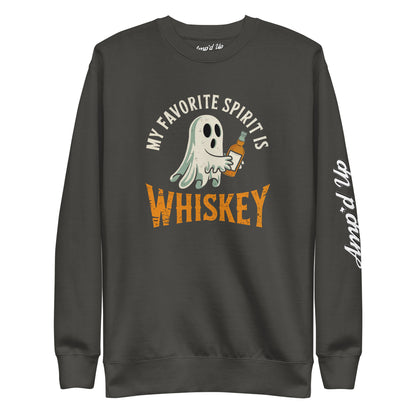 My Favorite Spirit Is Whiskey Sweatshirt dark charcoal crewneck featuring ghost holding whiskey bottle graphic