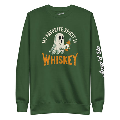 My Favorite Spirit Is Whiskey Sweatshirt green crewneck with ghost holding whiskey bottle and Ampd Up Custom sleeve logo