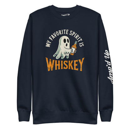 My Favorite Spirit Is Whiskey Sweatshirt. Navy crewneck sweatshirt with ghost holding whiskey bottle and Ampd Up sleeve logo