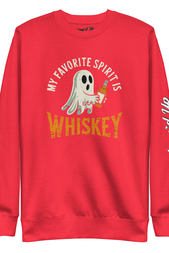 Red crewneck sweatshirt with ghost holding whiskey bottle and retro text My Favorite Spirit Is Whiskey Sweatshirt