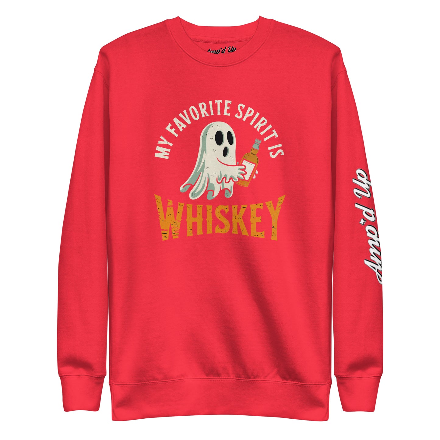Red crewneck sweatshirt with ghost holding whiskey bottle and retro text My Favorite Spirit Is Whiskey Sweatshirt