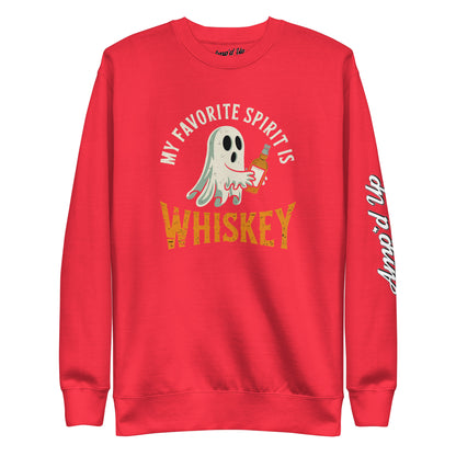 Red crewneck sweatshirt with ghost holding whiskey bottle and retro text My Favorite Spirit Is Whiskey Sweatshirt