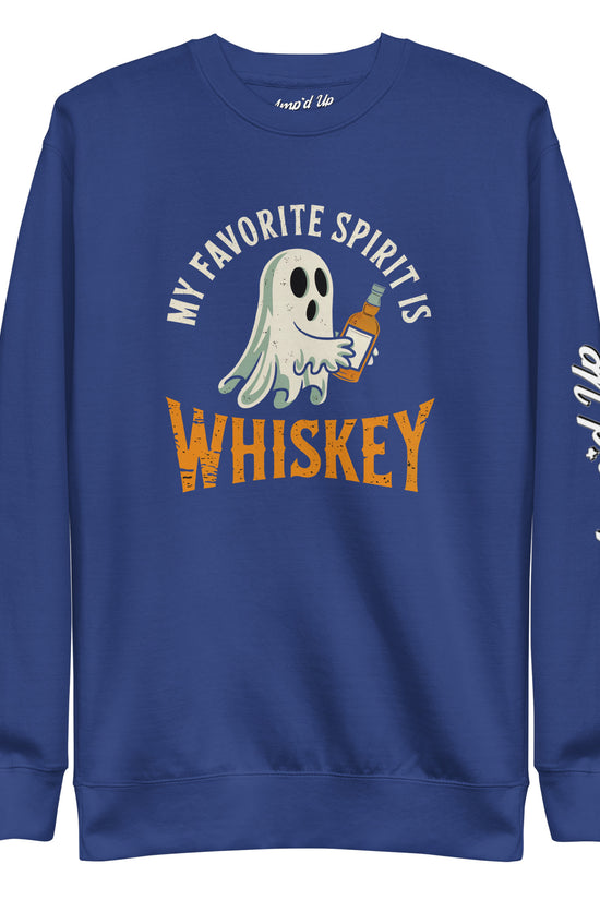 My Favorite Spirit Is Whiskey Sweatshirt navy crewneck with ghost holding whiskey bottle and Ampd Up sleeve logo