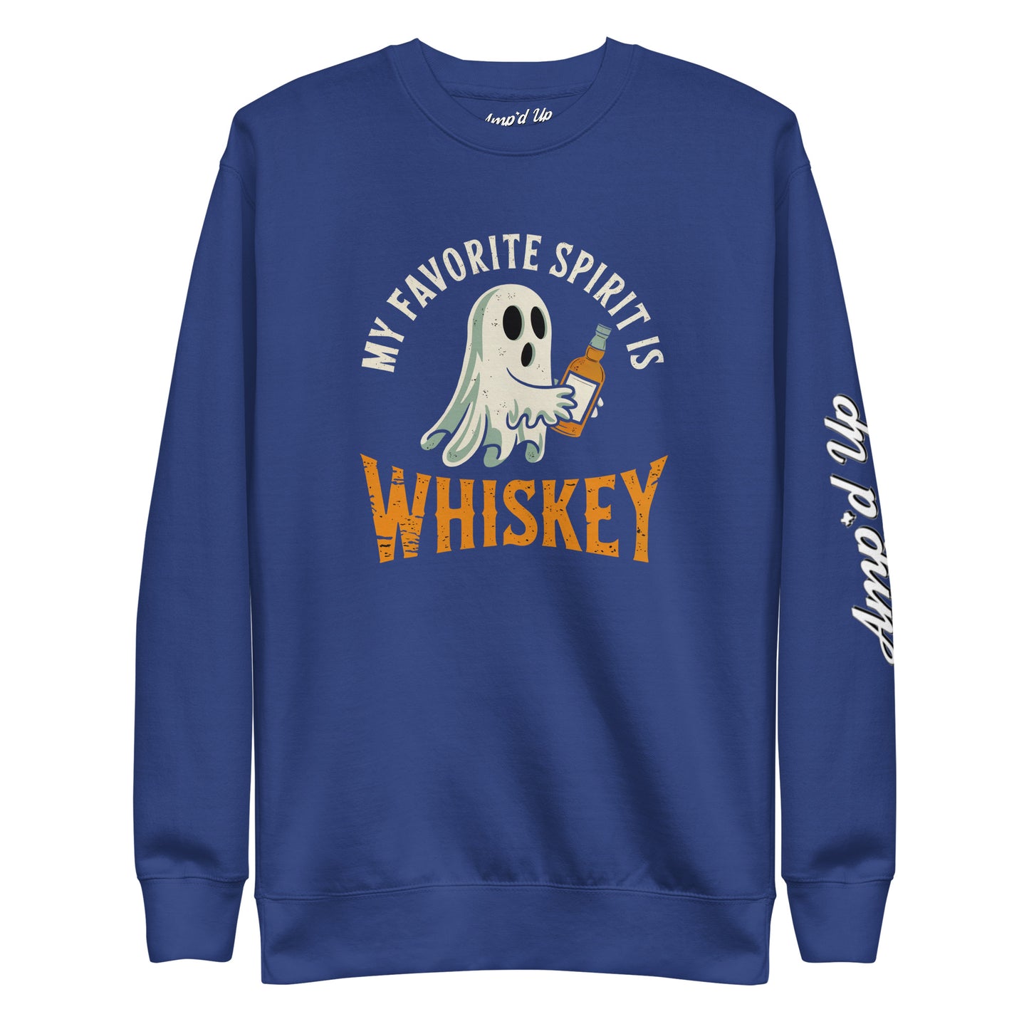 My Favorite Spirit Is Whiskey Sweatshirt navy crewneck with ghost holding whiskey bottle and Ampd Up sleeve logo