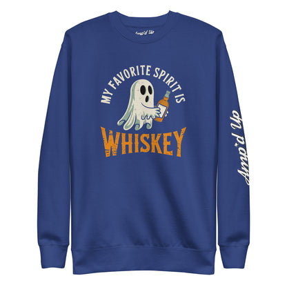 My Favorite Spirit Is Whiskey Sweatshirt navy crewneck with ghost holding whiskey bottle and Ampd Up sleeve logo