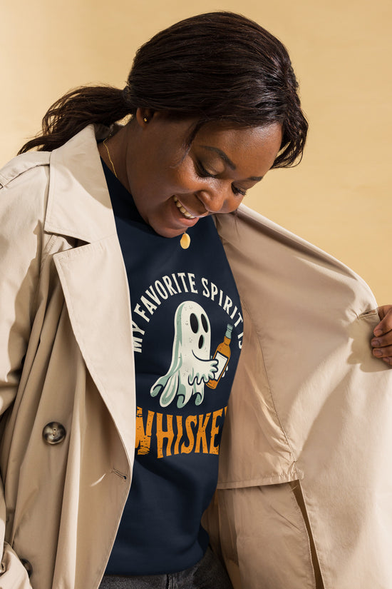 Ampd Up Custom navy sweatshirt with ghost holding bottle worn by smiling woman My Favorite Spirit Is Whiskey Sweatshirt.