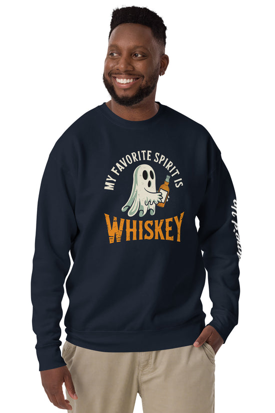 My Favorite Spirit Is Whiskey Sweatshirt navy crewneck with ghost holding whiskey glass worn by smiling man