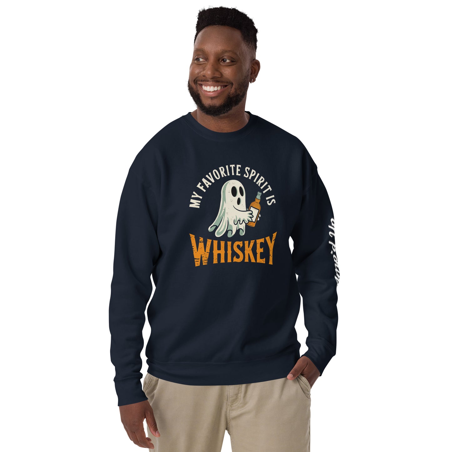 My Favorite Spirit Is Whiskey Sweatshirt navy crewneck with ghost holding whiskey glass worn by smiling man