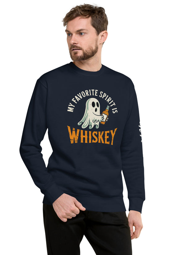 Mens navy crewneck sweatshirt with ghost holding whiskey glass and text My Favorite Spirit Is Whiskey Sweatshirt by Ampd Up Custom