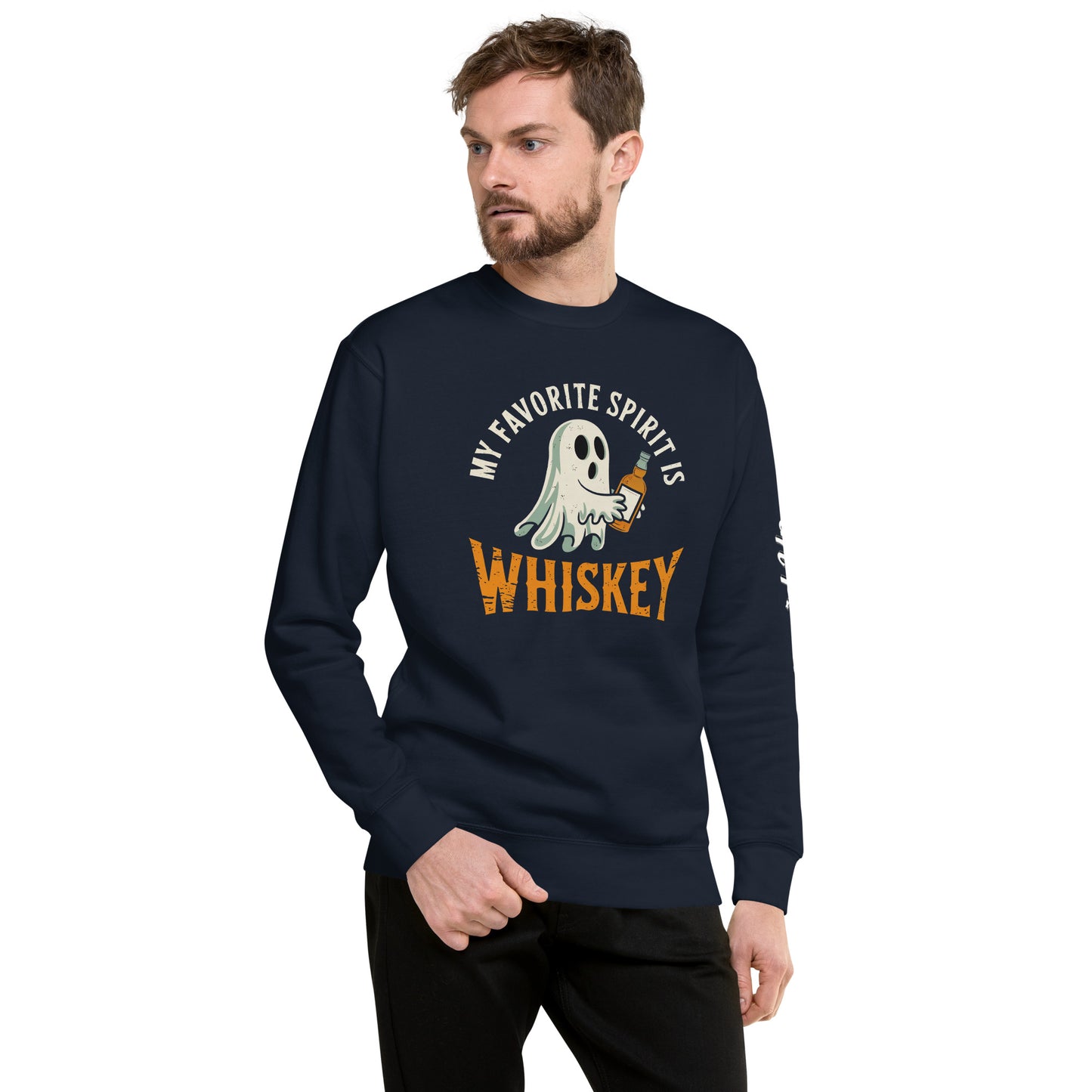 Mens navy crewneck sweatshirt with ghost holding whiskey glass and text My Favorite Spirit Is Whiskey Sweatshirt by Ampd Up Custom