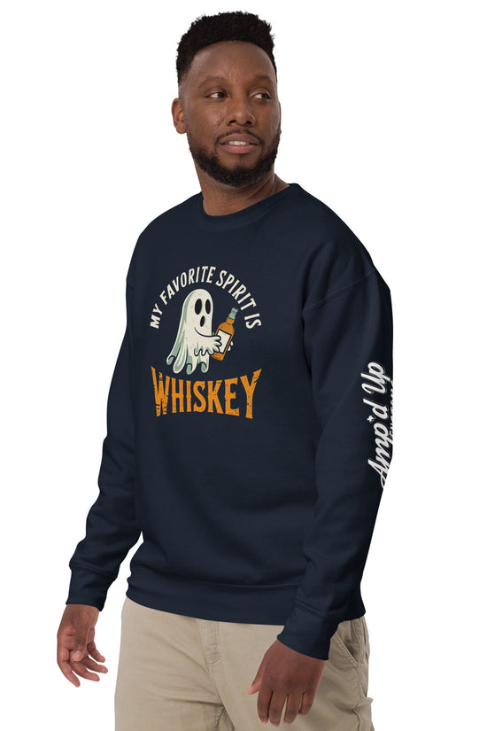 My Favorite Spirit Is Whiskey Sweatshirt navy crewneck with ghost holding whiskey modeled by man