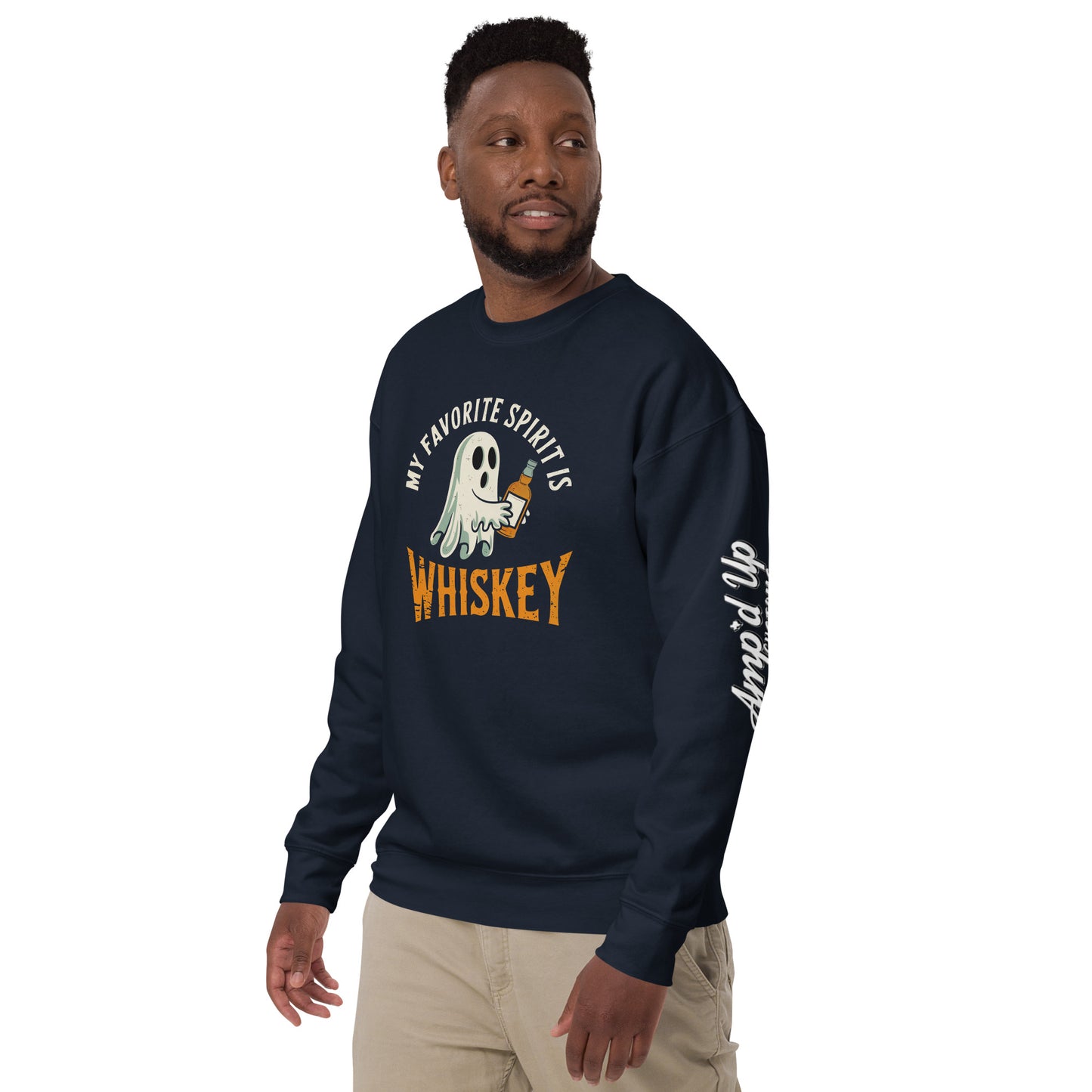 My Favorite Spirit Is Whiskey Sweatshirt navy crewneck with ghost holding whiskey modeled by man