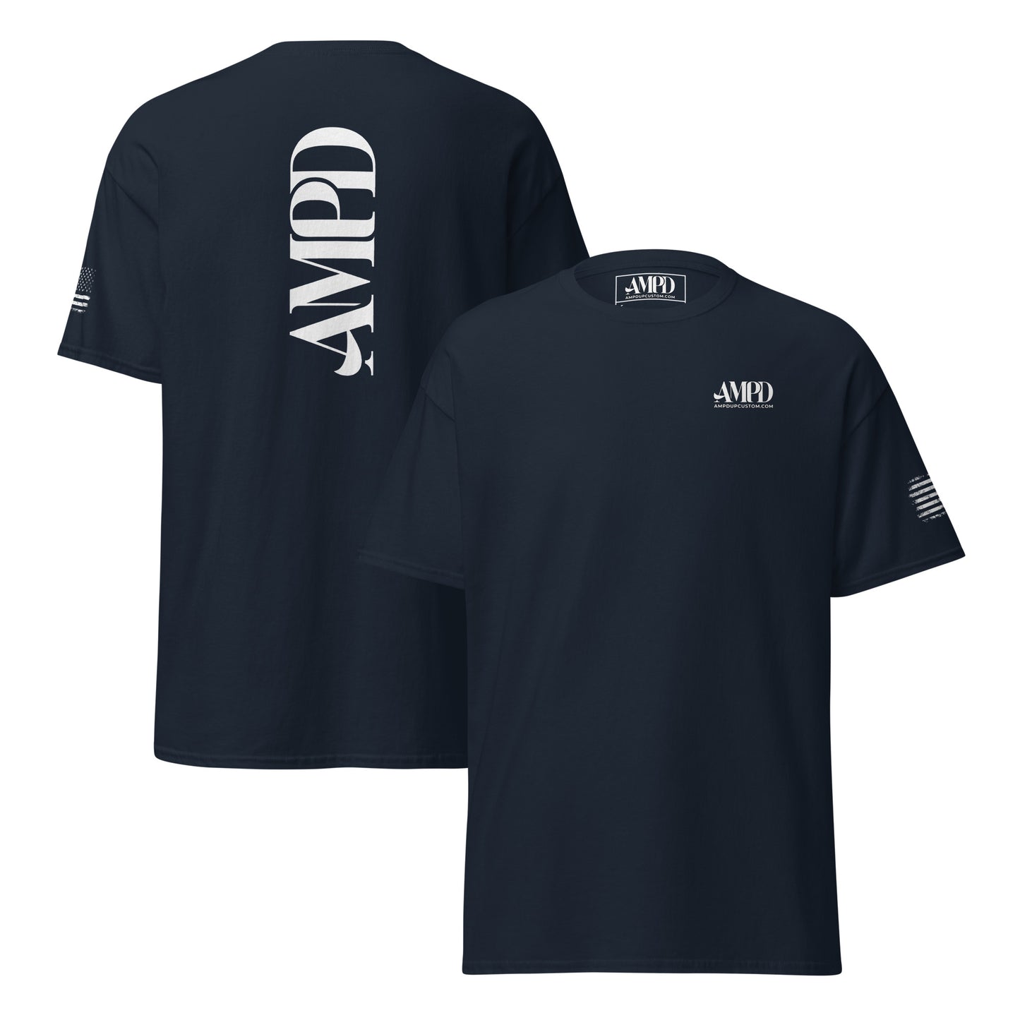 Amp'd Up Official 2026 AMPD Back Graphic T-Shirt in navy with bold AMPD logo