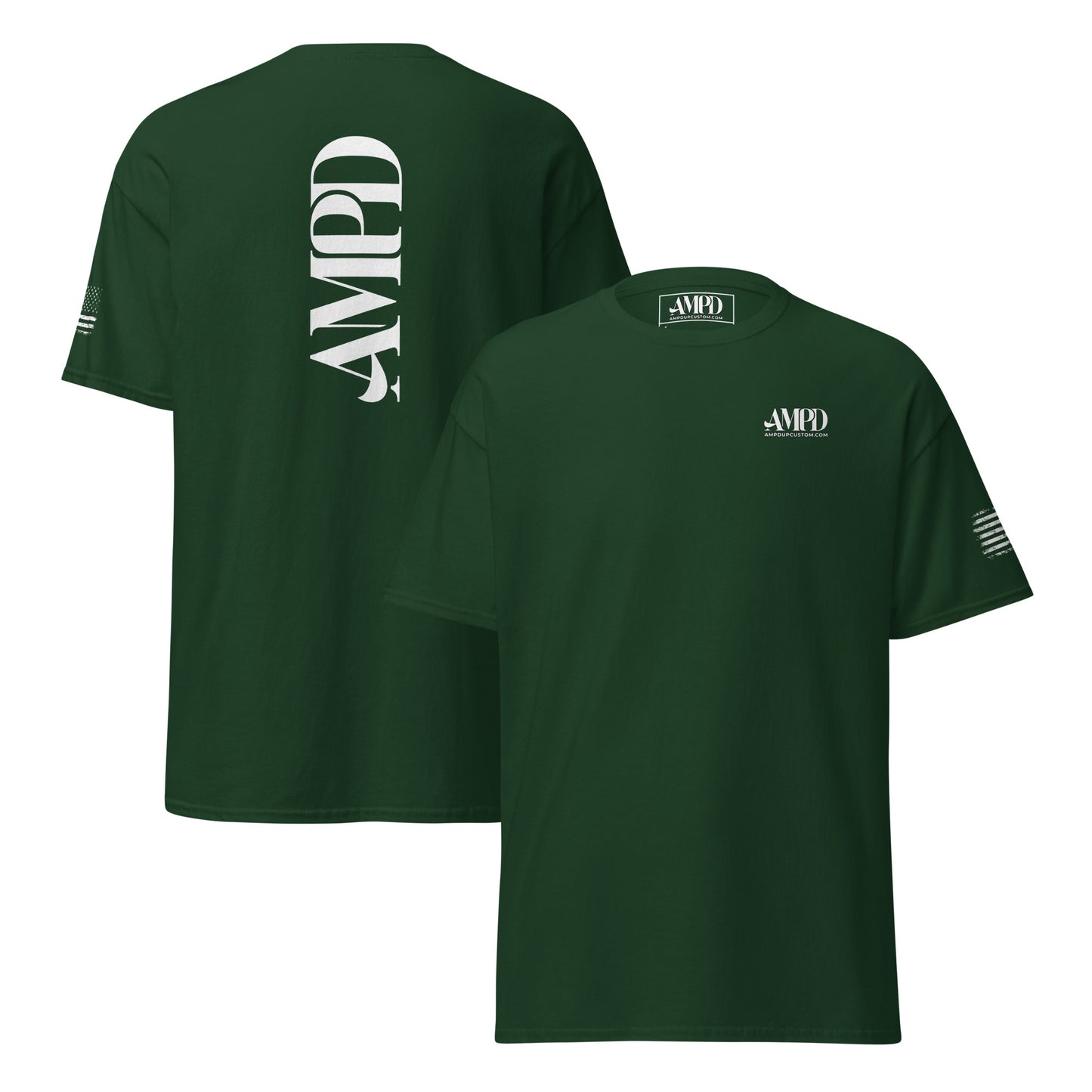 Amp'd Up Official 2026 AMPD Back Graphic T-Shirt in Dark Green with Front and Back Logo Design
