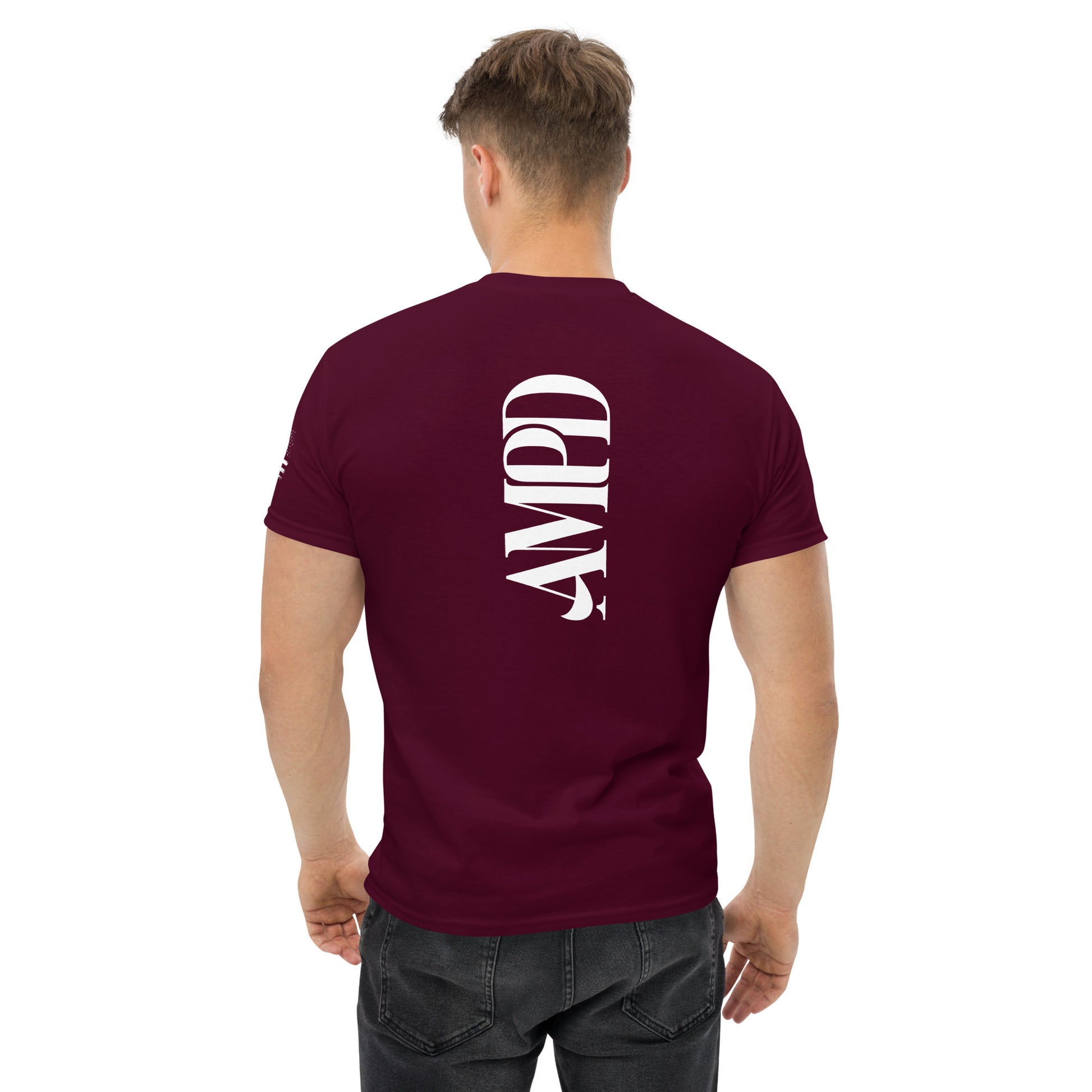 Amp'd Up Official 2026 AMPD Back Graphic T-Shirt in maroon with bold white lettering