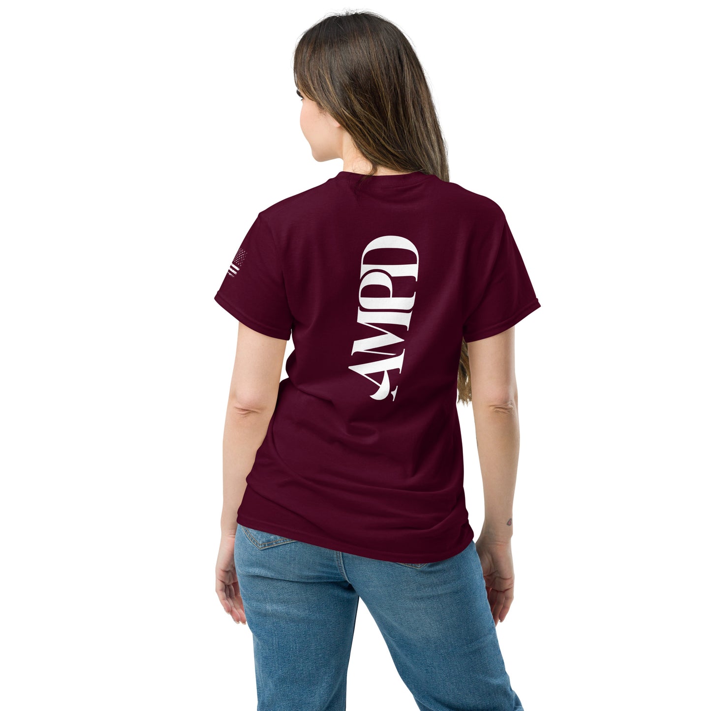 Women wearing Amp'd Up Official 2026 AMPD Back Graphic T-Shirt in maroon color