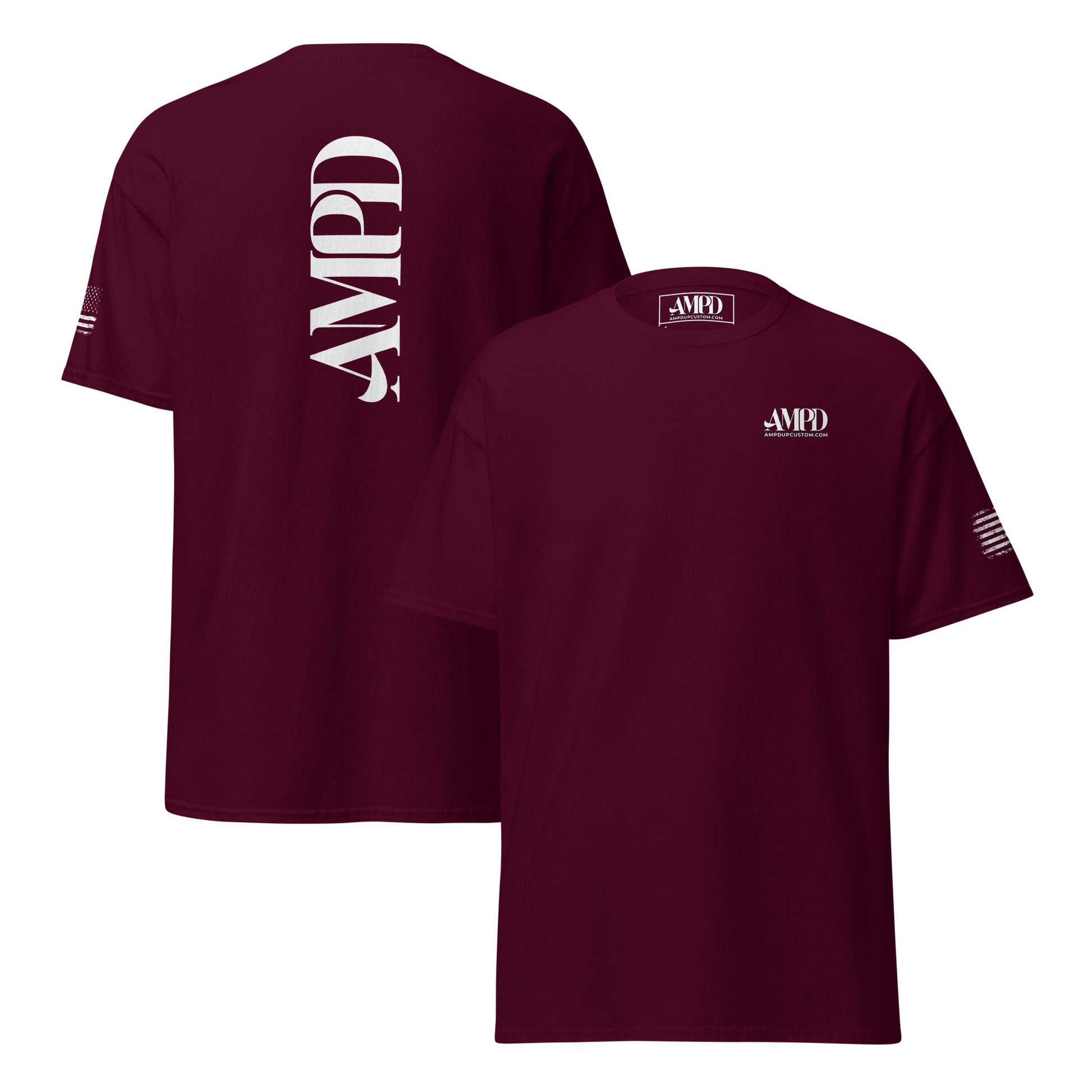 Amp'd Up Official 2026 AMPD Back Graphic T-Shirt in maroon with bold branding on the back