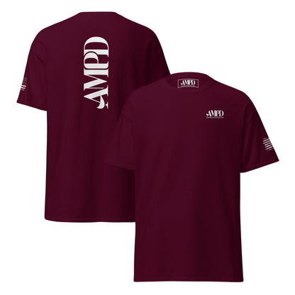 Amp'd Up Official 2026 AMPD Back Graphic T-Shirt in maroon with bold branding on the back