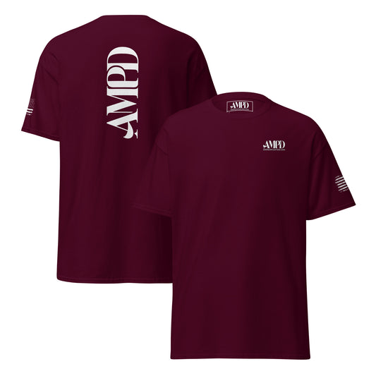 Amp'd Up Official 2026 AMPD Back Graphic T-Shirt in maroon with bold branding on the back