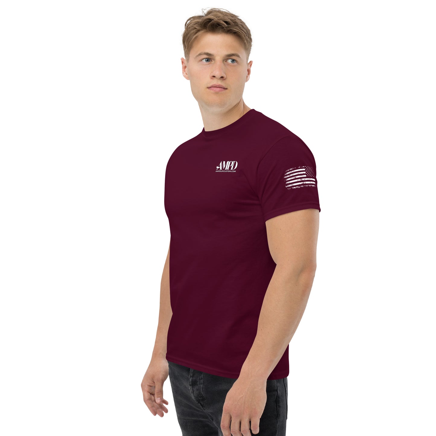 Amp'd Up Official 2026 AMPD Back Graphic T-Shirt in burgundy with unique sleeve design