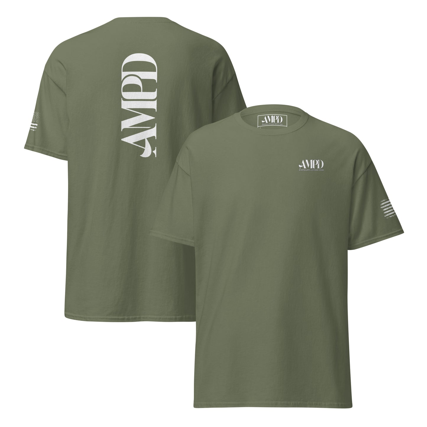 Amp'd Up Official 2026 AMPD Back Graphic T-Shirt in army green with bold white lettering