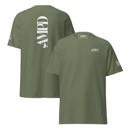 Amp'd Up Official 2026 AMPD Back Graphic T-Shirt in army green with bold white lettering