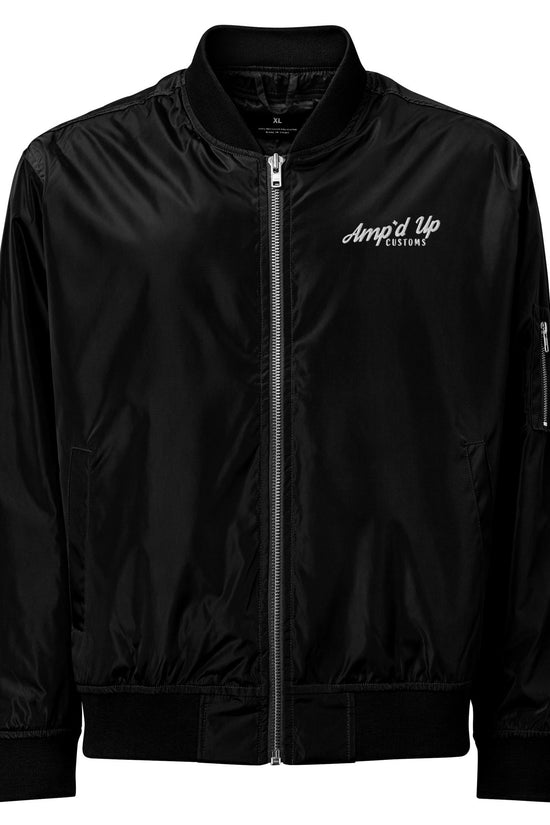 Amp'd Up Premium recycled bomber jacket in black with a sleek design and logo detail