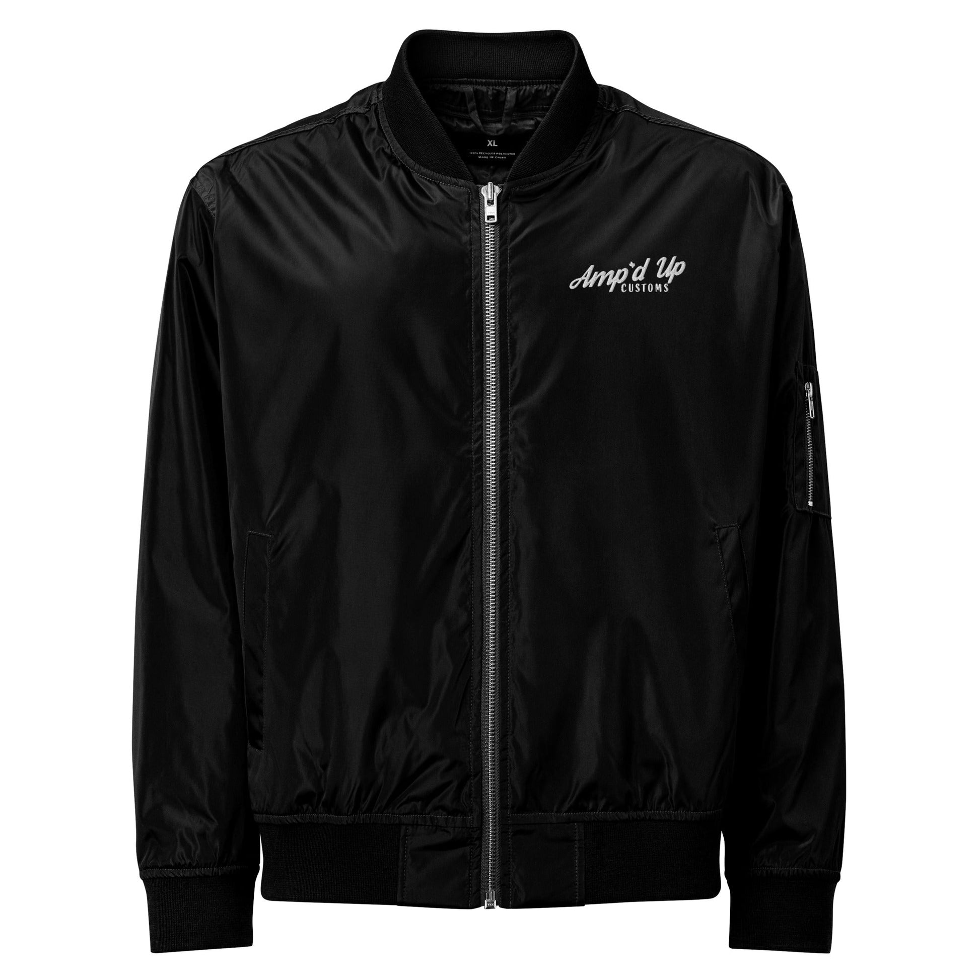 Amp'd Up Premium recycled bomber jacket in black with a sleek design and logo detail