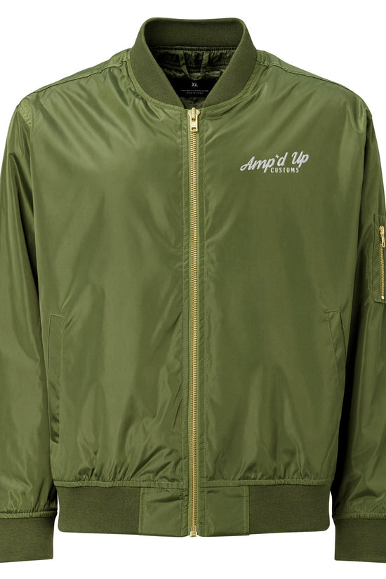Amp'd Up Premium recycled bomber jacket in olive green with a sleek design and zippered pockets