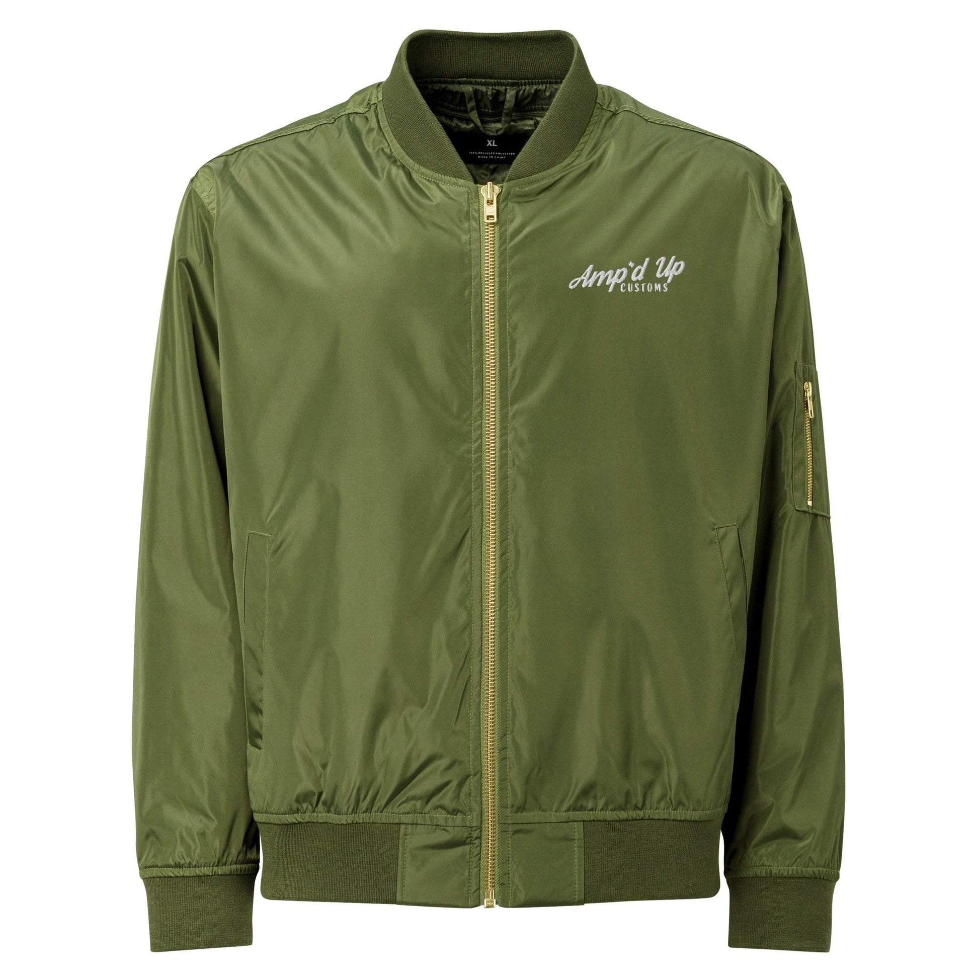 Amp'd Up Premium recycled bomber jacket in olive green with a sleek design and zippered pockets