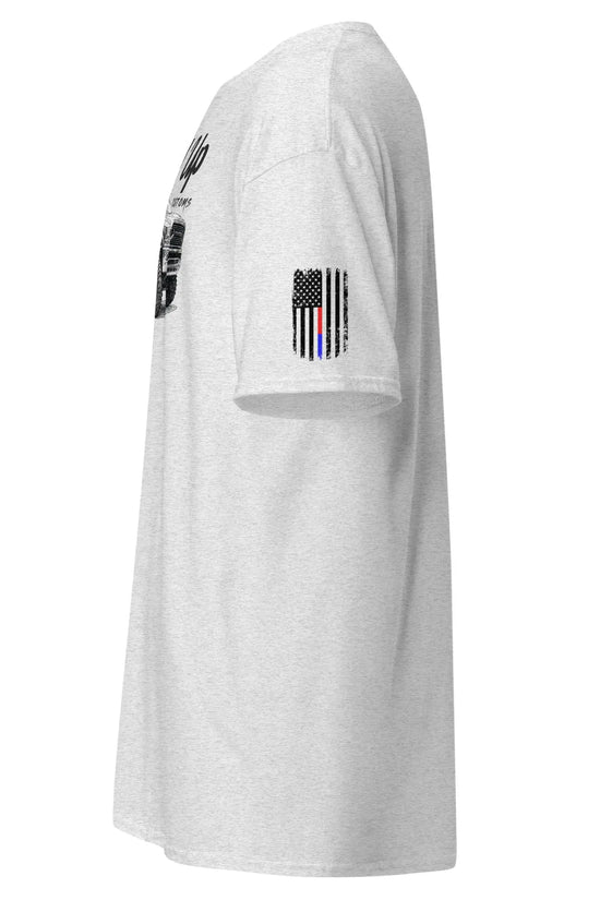 Gray Amp'd Up RAM T-Shirt with American flag graphic on sleeve and custom print on front