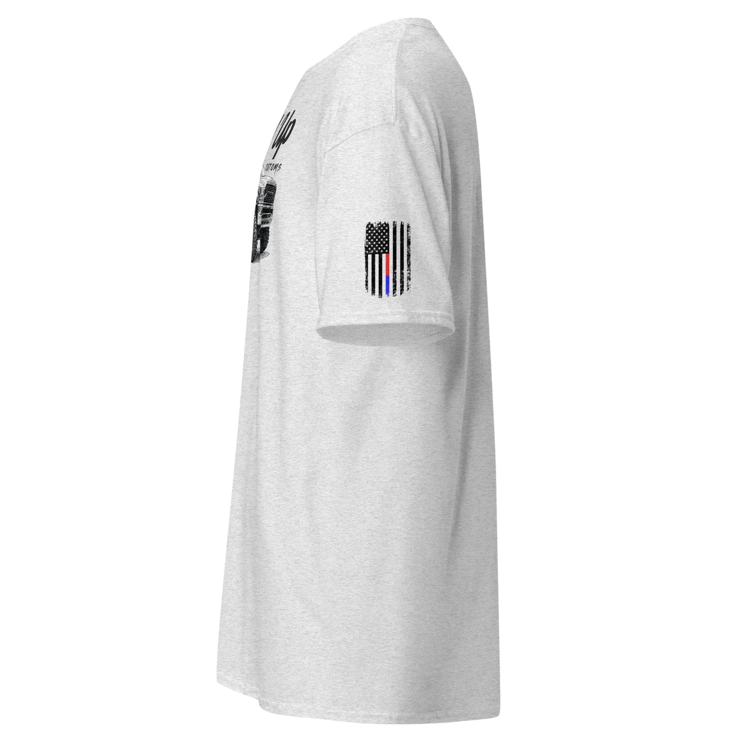 Gray Amp'd Up RAM T-Shirt with American flag graphic on sleeve and custom print on front