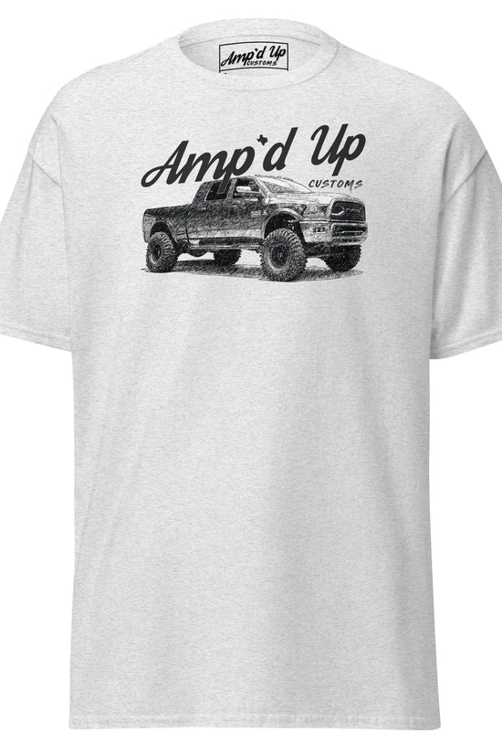White Amp'd Up RAM T-Shirt featuring a black graphic of a lifted RAM truck and amp'd up customs text