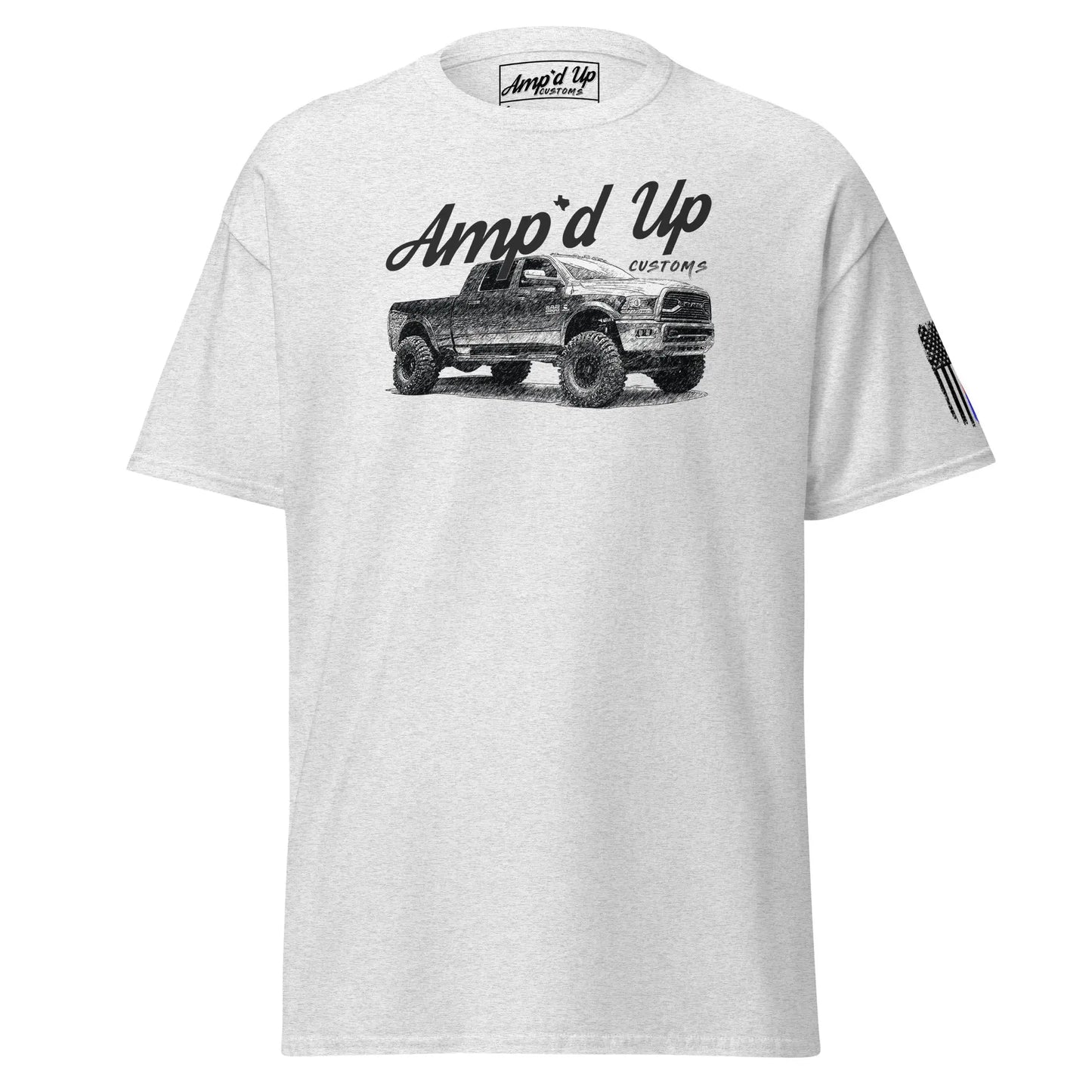 White Amp'd Up RAM T-Shirt featuring a black graphic of a lifted RAM truck and amp'd up customs text