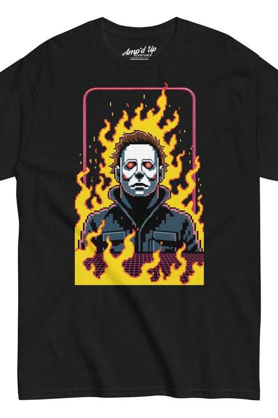 Amp'd Up Custom Retro Jason T-Shirt with pixel art Jason mask and flames on black tee