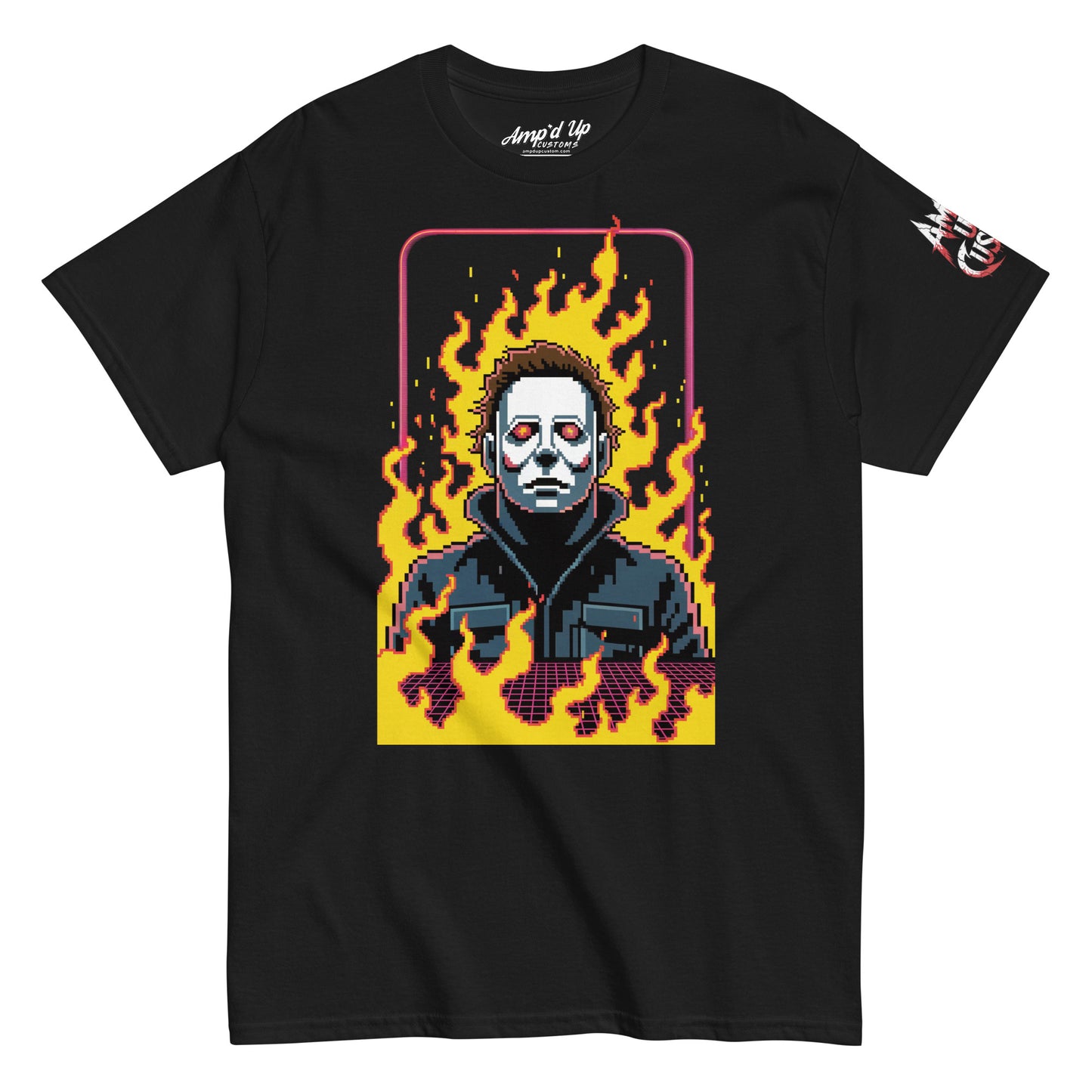 Amp'd Up Custom Retro Jason T-Shirt with pixel art Jason mask and flames on black tee