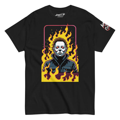 Amp'd Up Custom Retro Jason T-Shirt with pixel art Jason mask and flames on black tee