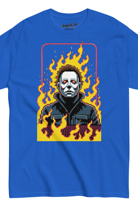 Amp'd Up Custom Retro Jason T-Shirt with pixel art design of Jason surrounded by flames on blue fabric