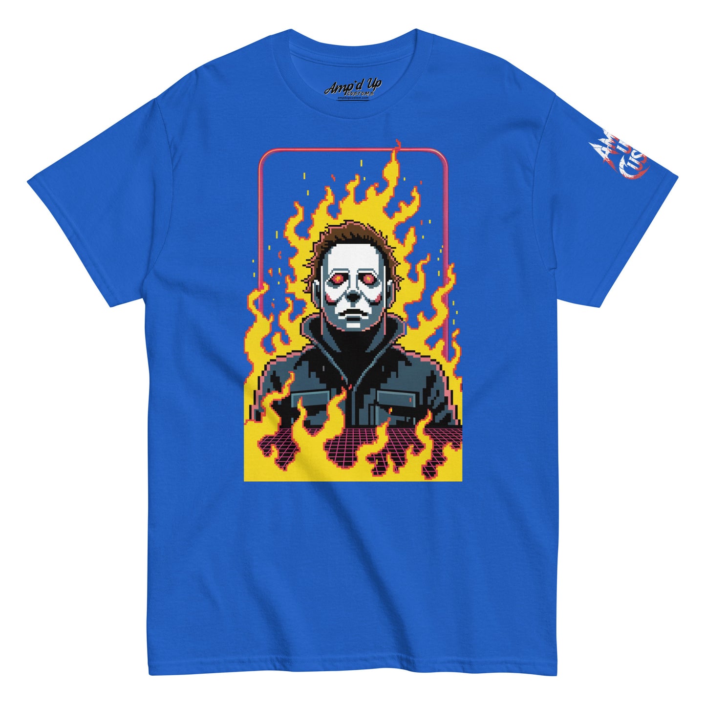 Amp'd Up Custom Retro Jason T-Shirt with pixel art design of Jason surrounded by flames on blue fabric
